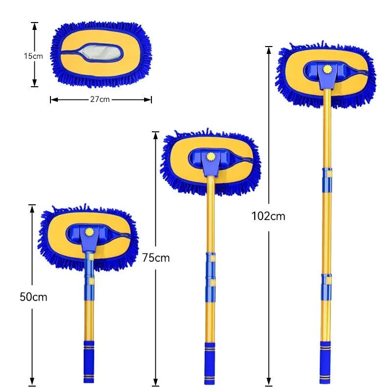 Telescopic curved aluminium car cleaning brush with chenille head in yellow and blue colour options
