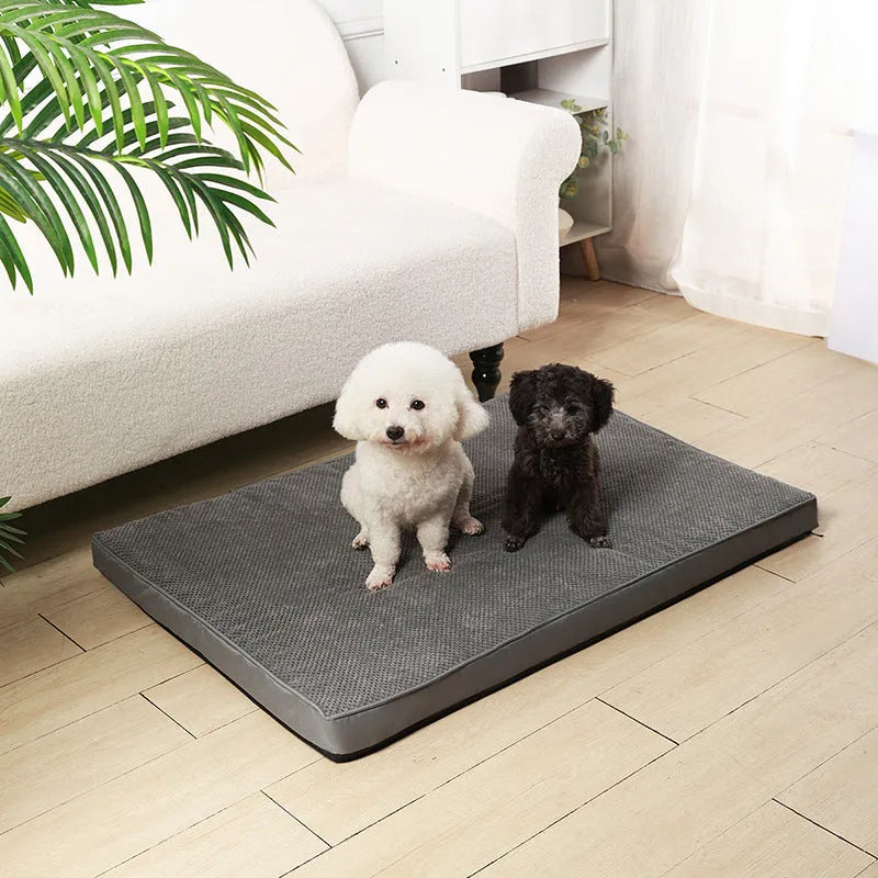 Pet memory foam mat with removable cover in grey, coffee, green, and khaki colours, four sizes