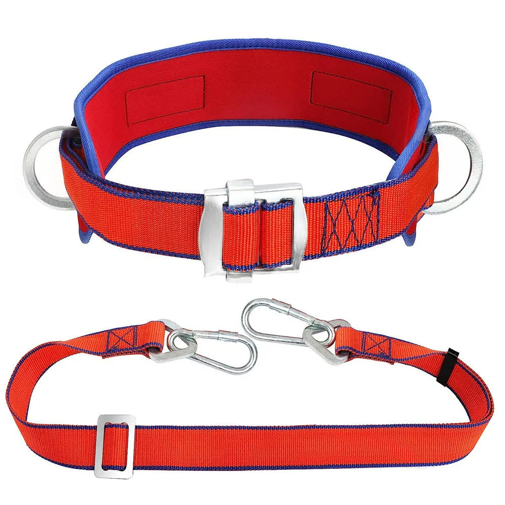 Red polyester anti-fall safety belt with alloy steel buckle and lanyard rope for power engineering