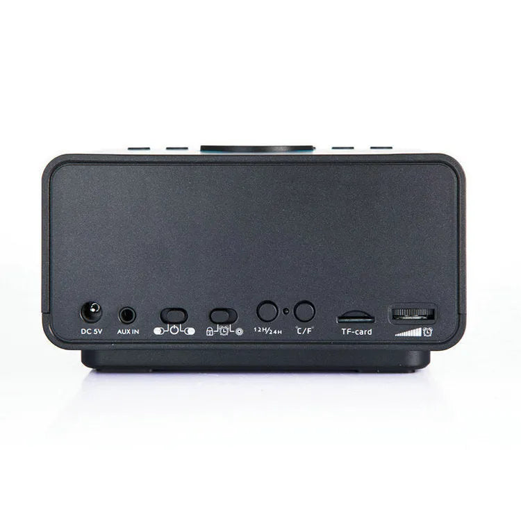 Black and white Bluetooth speaker alarm clock with dual drivers and control buttons
