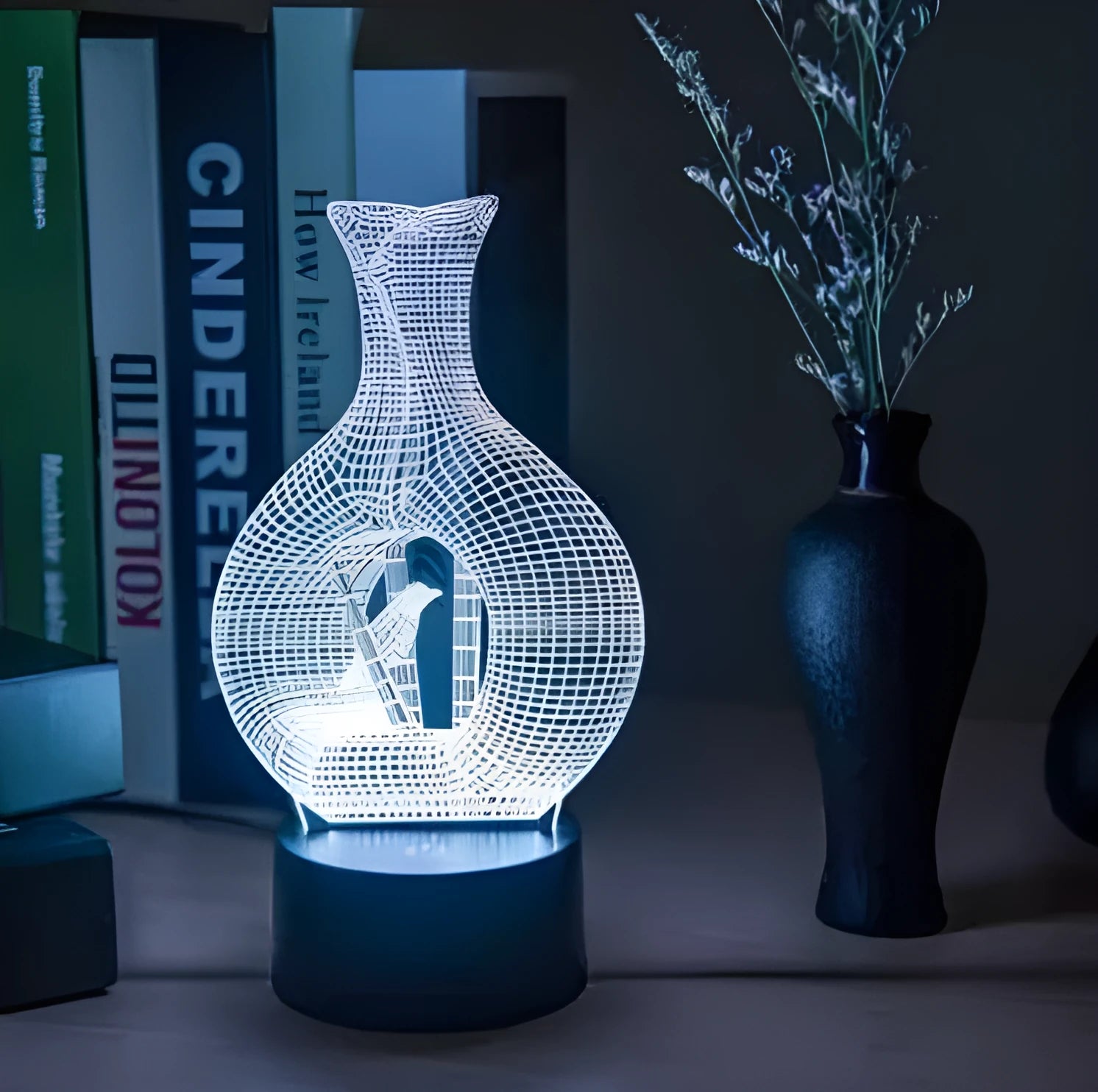 3D acrylic LED night light with touch control showing seven colour change options on ABS base
