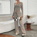 Women's long-sleeve striped suit set with top and trousers in polyester, available in five colours and sizes S to XXL