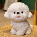 Bichon Frise plush toy with tongue-sticking design, shown in gray or white and available in 20cm or 30cm sizes.