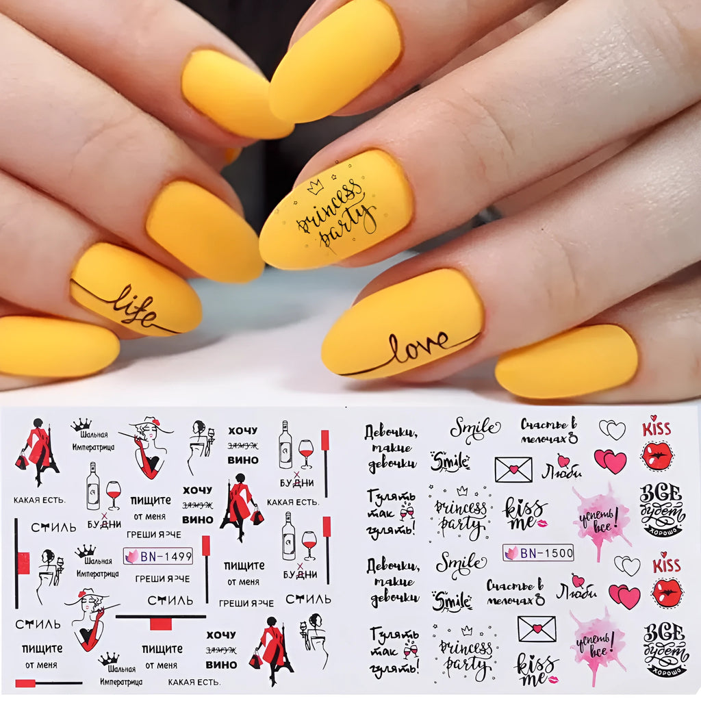 Love lip print letter nail sticker sheet measuring 16x25.5cm with black and red kiss designs