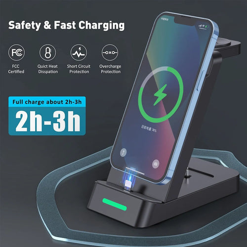 Black 3-in-1 wireless charging station showing a phone, Apple Watch, and AirPods case charging on a compact stand.