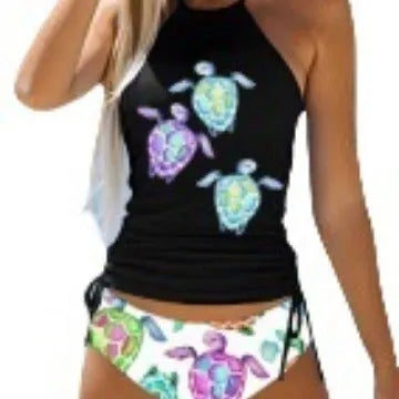 Women's conservative swimsuit with colourful cartoon print and split design for swimming