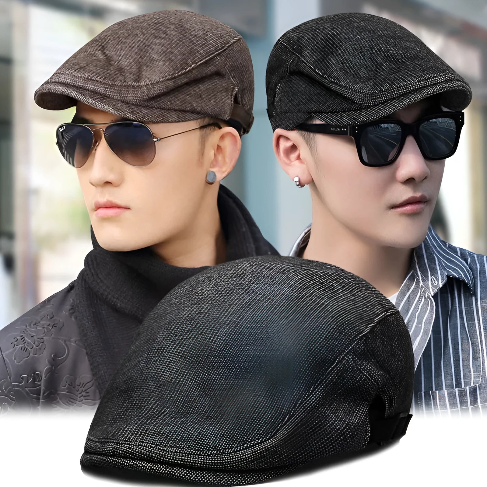 Men's cotton linen blend beret hat in black on a model, showing dome crown style.