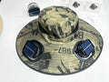 Men's big brim fishing hat in square camouflage khaki with machine embroidery and dome crown