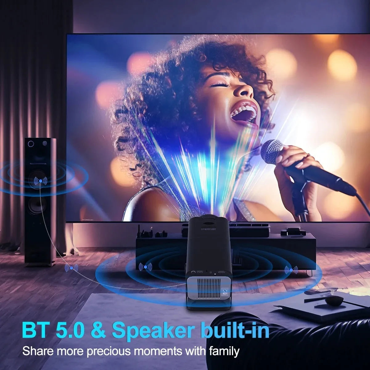 Small 1080p projector with 390 ANSI lumens, Android version, WiFi and 5G connectivity, shown with remote control and power cord.