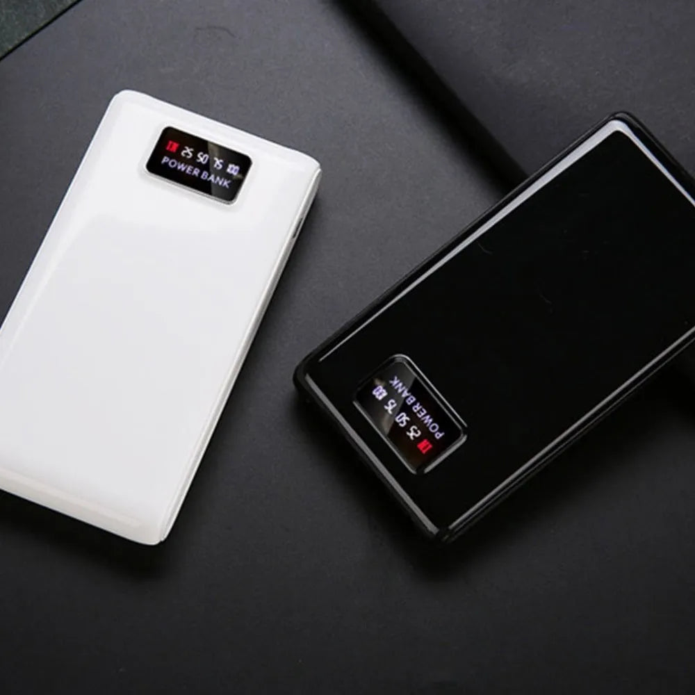 DIY 18650 mobile charging bank case kit showing black enclosure with USB ports for six battery cells