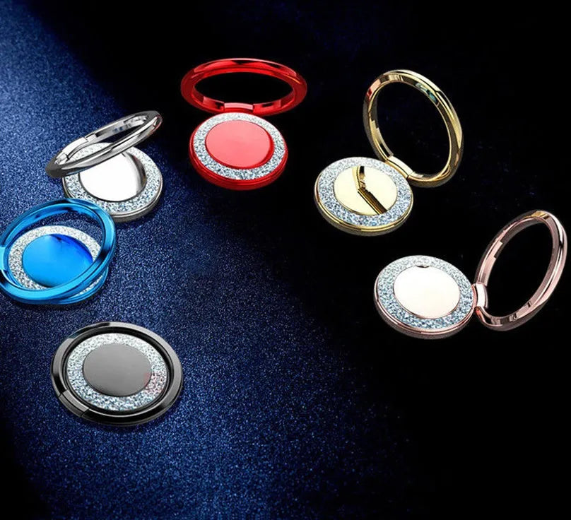 Bling glitter metal phone ring holder in silver colour, showing 360-degree rotation on the back of a smartphone.