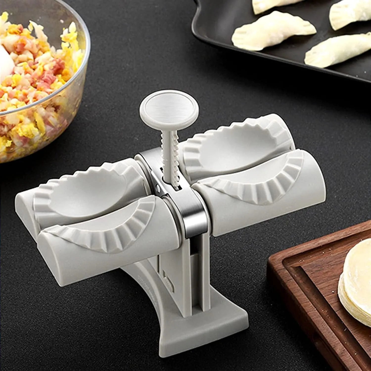 White double head dumpling mould with manual press mechanism and anti-slip rubber base