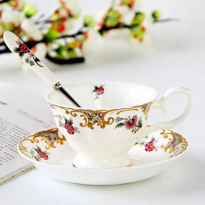 European porcelain coffee cup and saucer set with pastoral style pattern in assorted colours