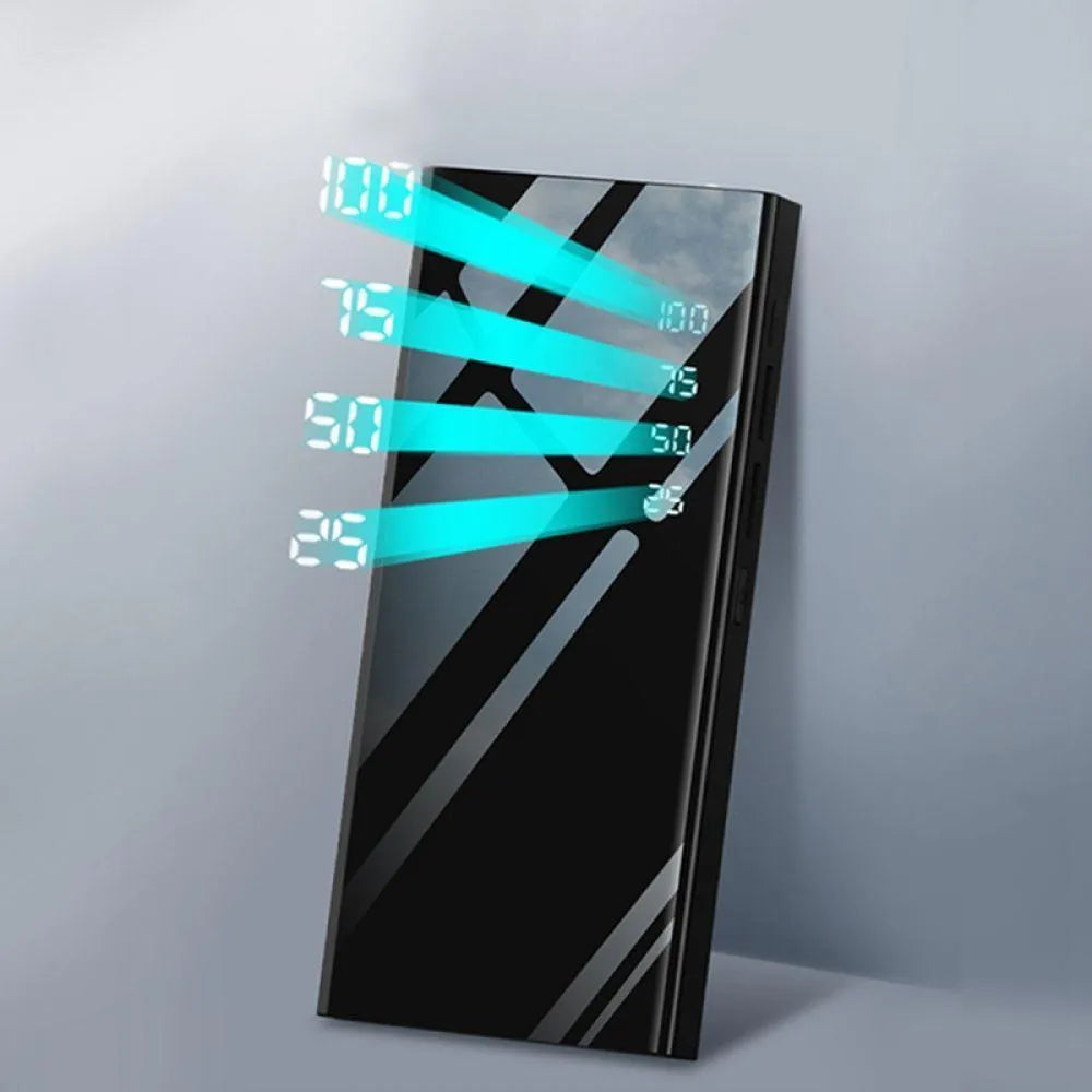 Black 20000mAh portable power bank showing LCD display and two USB ports.