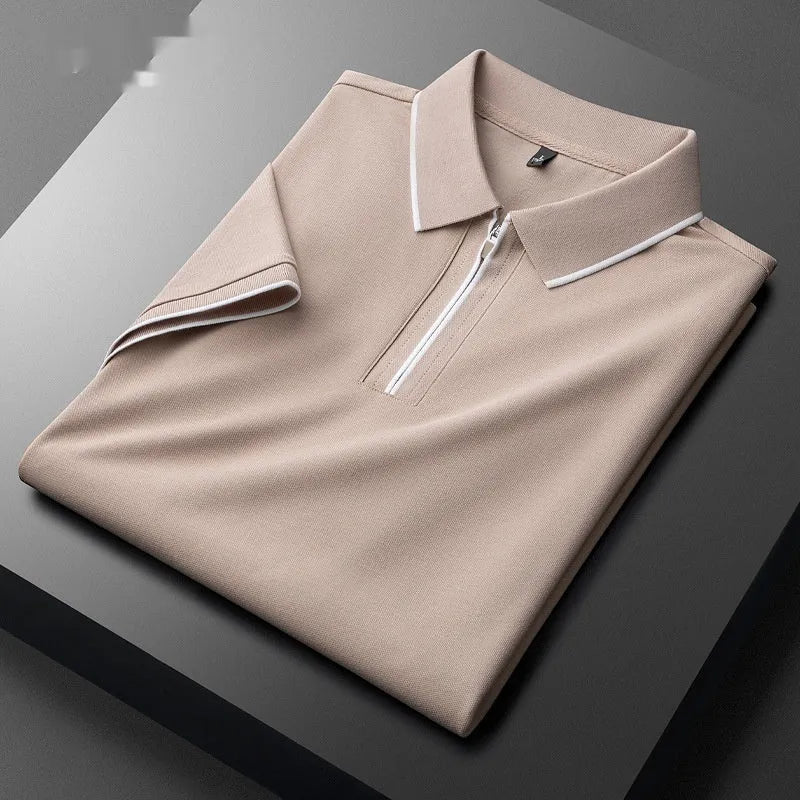 Men's slim fit lapel business casual top in cotton blend fabric with short sleeves