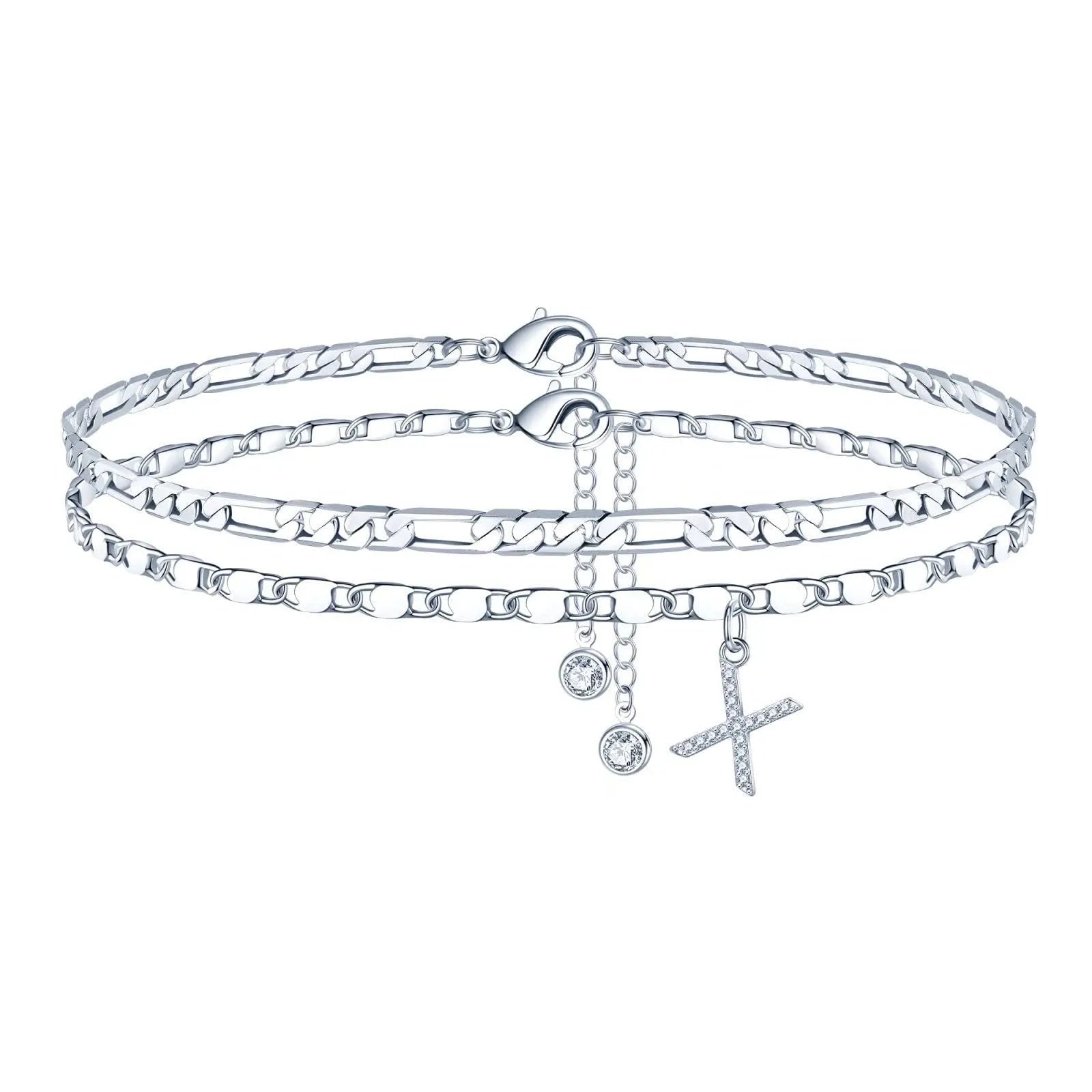 Silver colour copper anklet with double-circle design and text bead elements on ankle