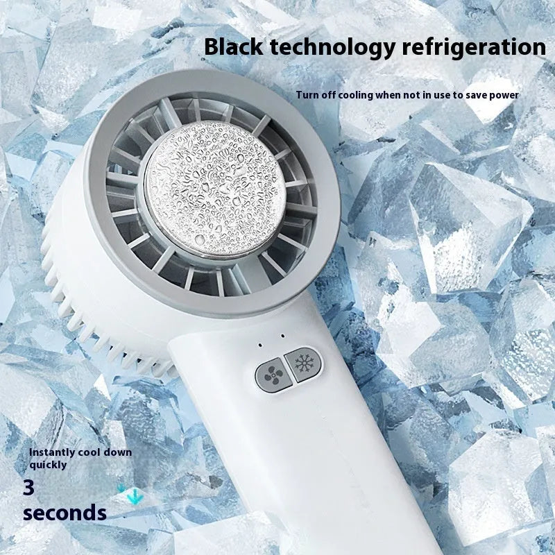 White handheld turbo jet fan with touch controls showing three speed settings and ice cooling function