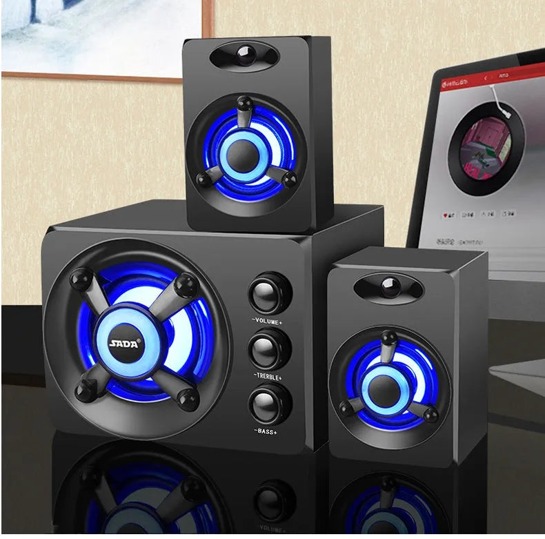 Desktop home speakers in black or white with 3.5mm audio cable, USB power, Bluetooth, USB and TF card playback.