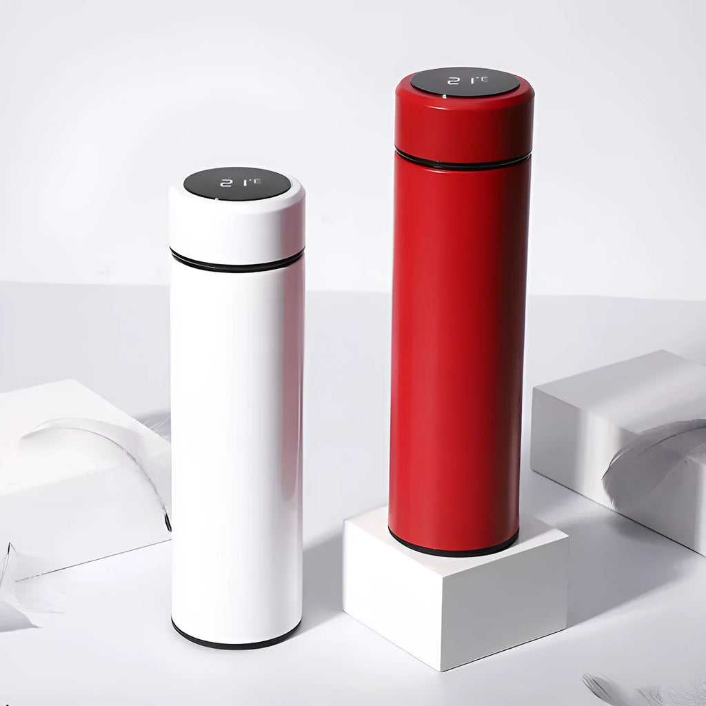 Stainless steel vacuum flask with LED touch display showing temperature, 500ml capacity, 304 stainless steel construction, gold colour