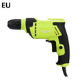 Black pistol-grip electric power drill with a 10mm chuck on a workshop bench.