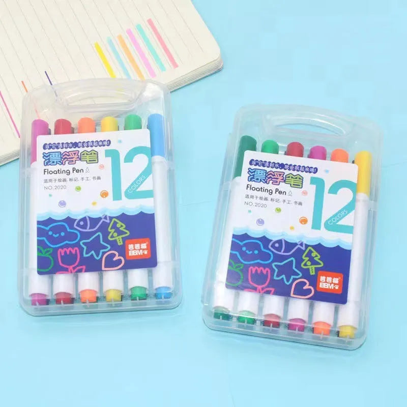 Children's 12-colour magic water floating pen set in PVC box with erasable watercolor pens and plastic shell