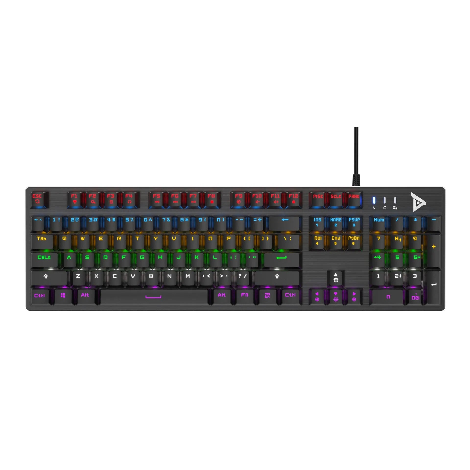 Real wired mechanical keyboard with 104 keys, RGB backlight, metal frame, and USB cable for desktop use