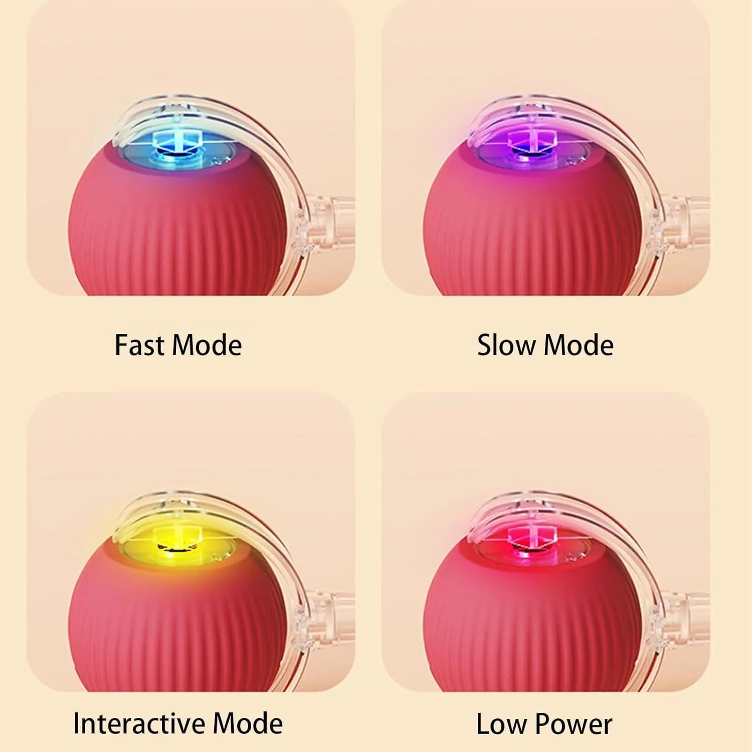 Interactive automatic rolling ball pet toy with rope tail in grey, green, and red colour options