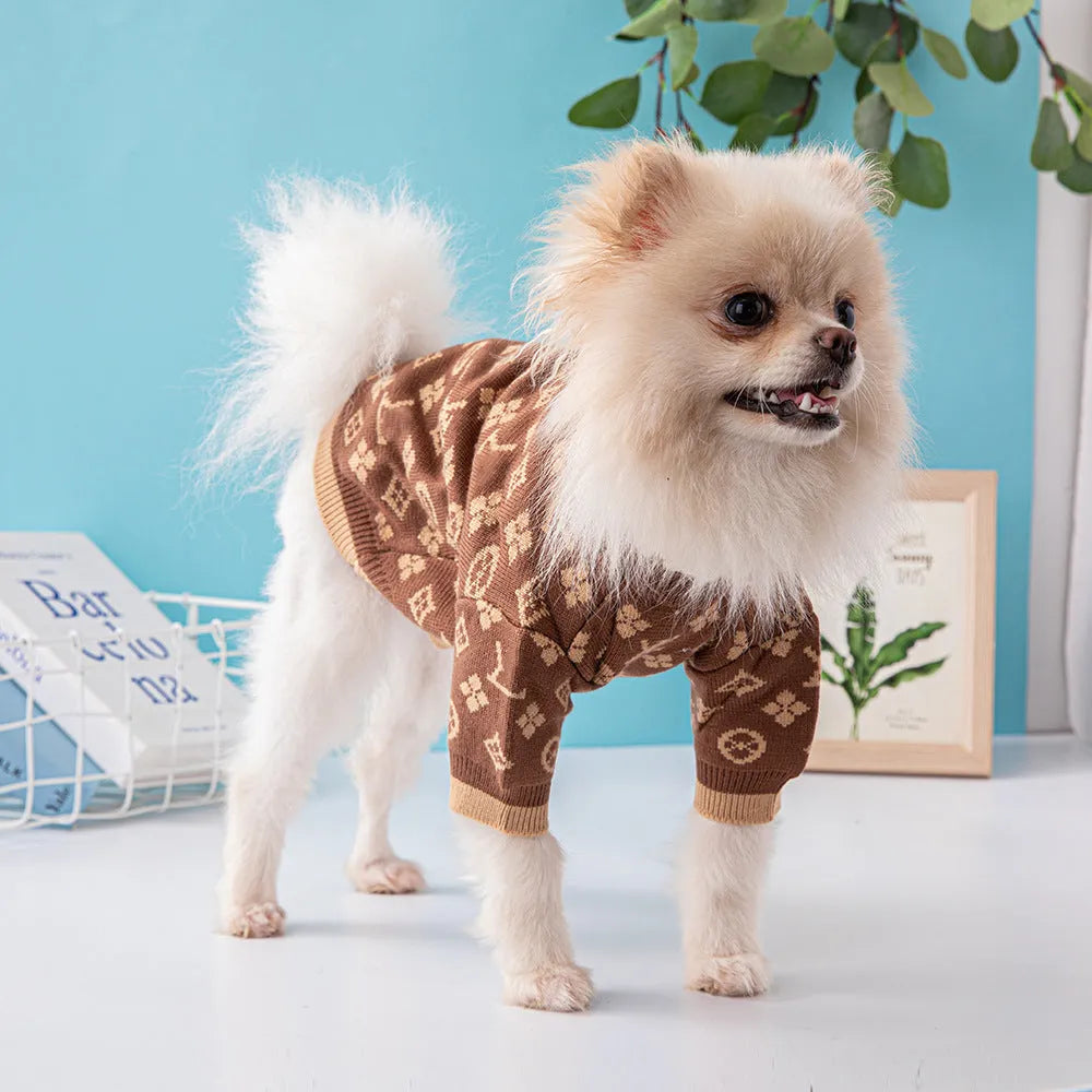 Thick wool dog sweater for autumn and winter in a two-tone colour on a medium-sized dog.