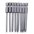 Set of eight long 75mm magnetic Phillips screwdriver bits with a 1/4-inch hex shank on a white background.