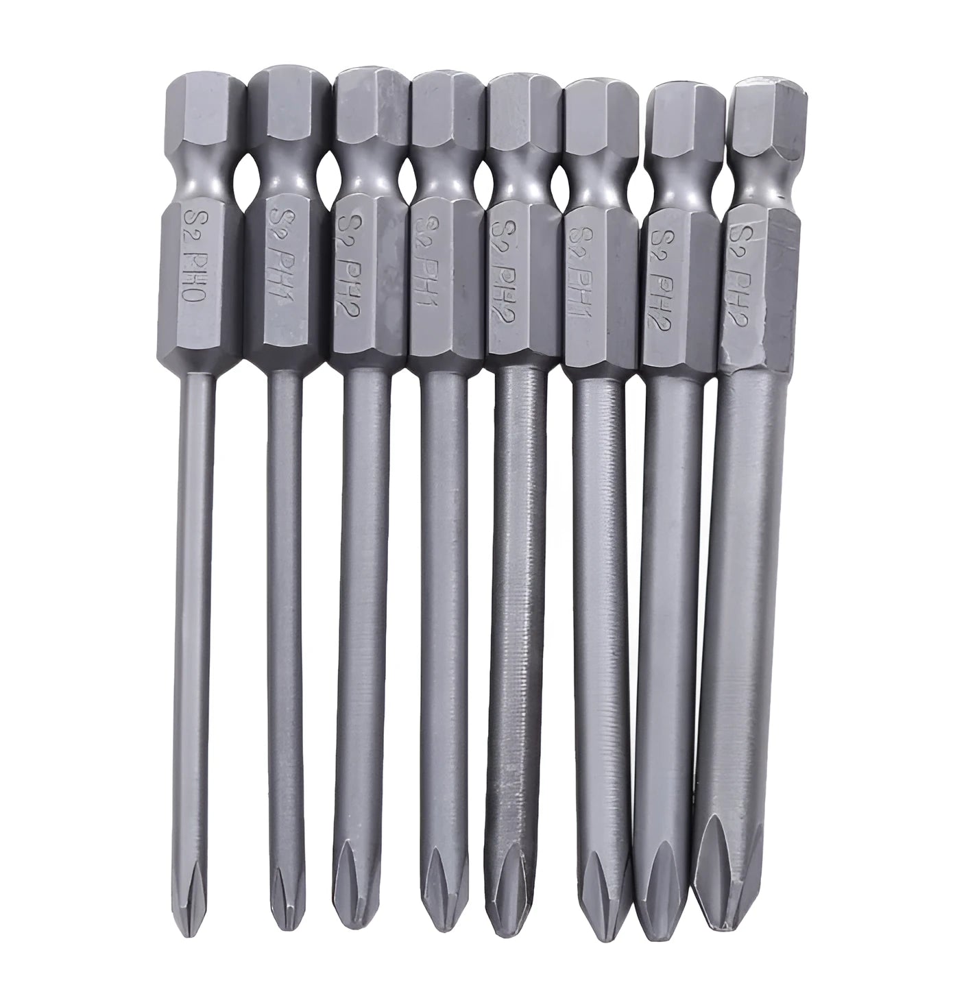 Set of eight long 75mm magnetic Phillips screwdriver bits with a 1/4-inch hex shank on a white background.