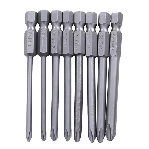 Set of eight long 75mm magnetic Phillips screwdriver bits with a 1/4-inch hex shank on a white background.