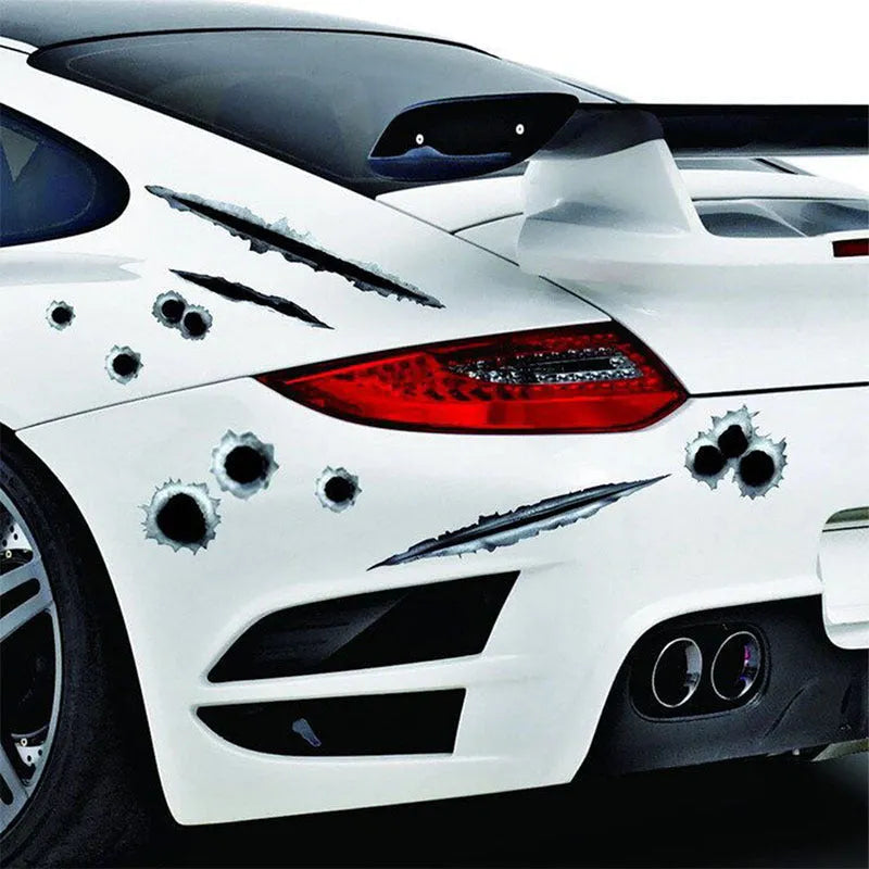Car scratch simulation bullet hole crack vinyl sticker 21x30cm with four hole pattern styles on a car bumper