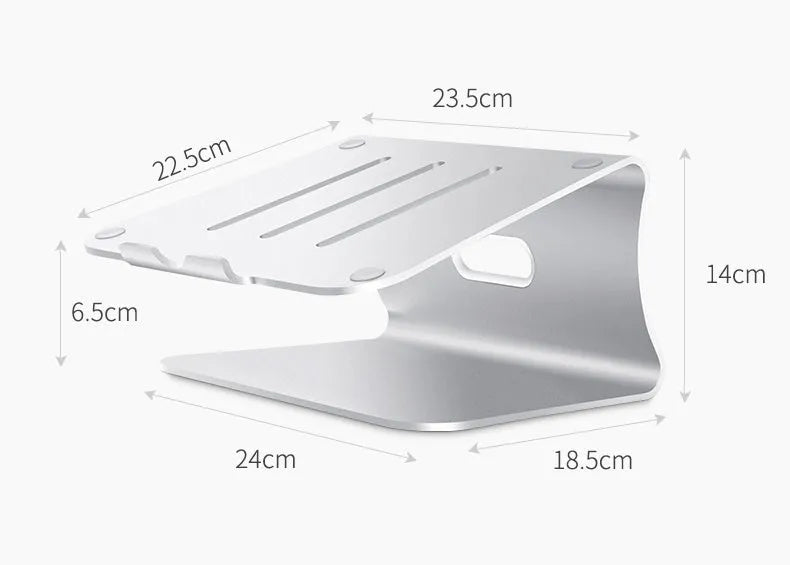 Silver aluminium laptop cooling stand with striped design on a wooden desk, rotated to show profile.