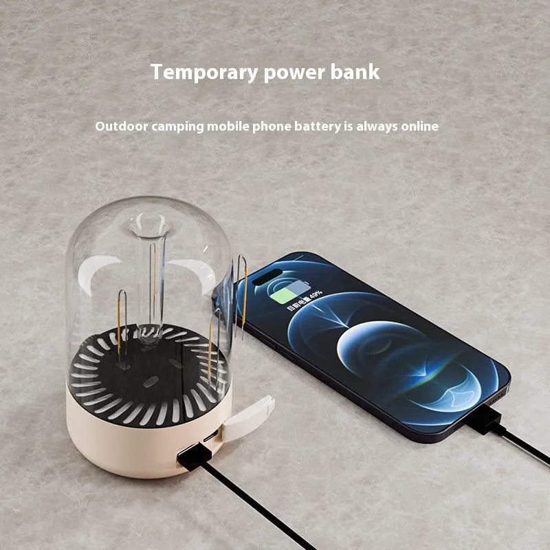 Beige and black camping ambience light with USB port, knob control, and dual lamp beads measuring 140x95mm