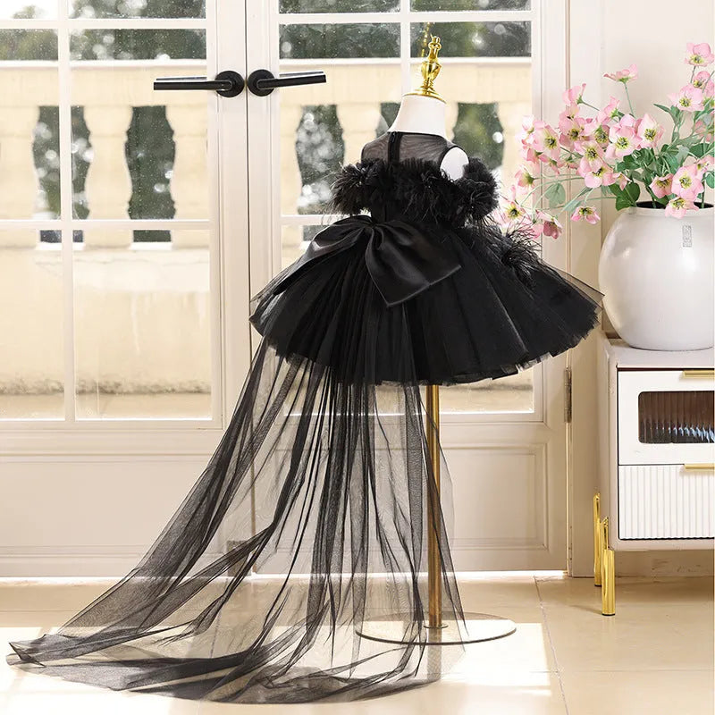 Black polyester girls evening dress princess style catwalk performance height 80-150cm