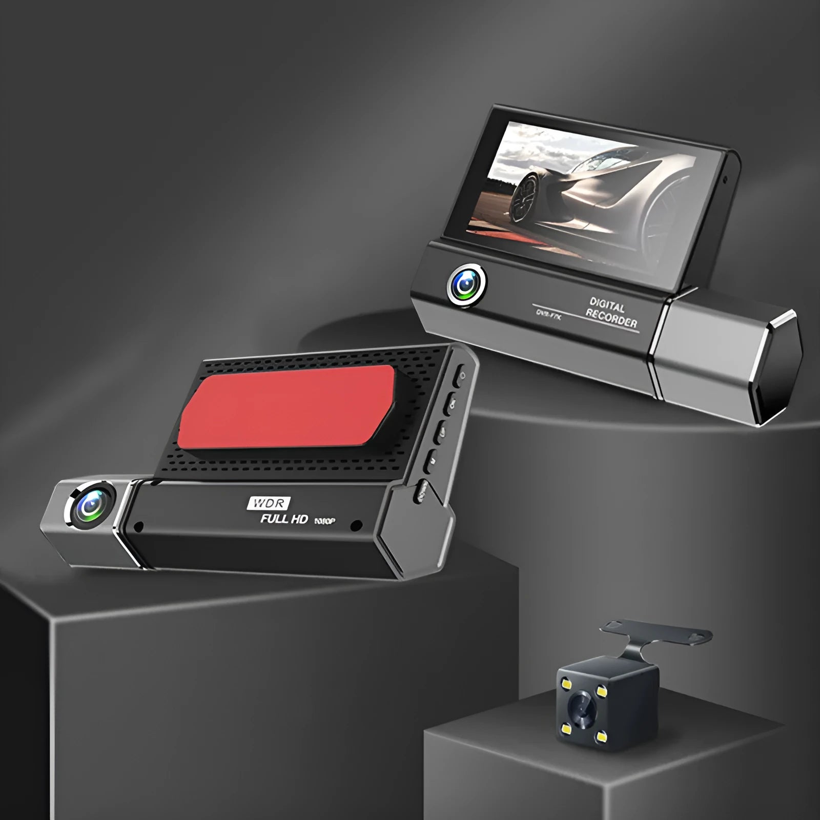 Black three-lens car dash cam with touch screen display, shown with car power cable