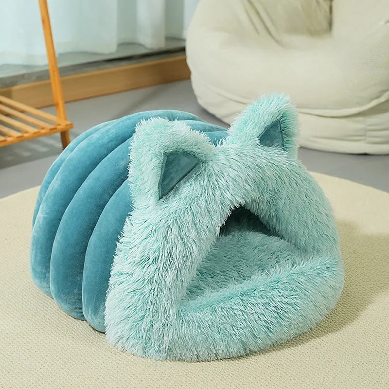 Plush cat dog bed with cat ears decoration and collar in blue gray available in sizes M and L