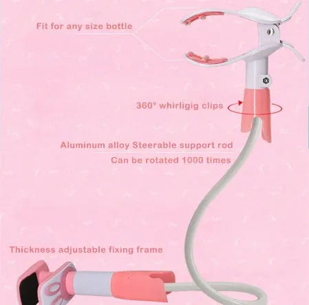 Blue adjustable baby feeding bracket extended to 1.05 metres holding a milk bottle.