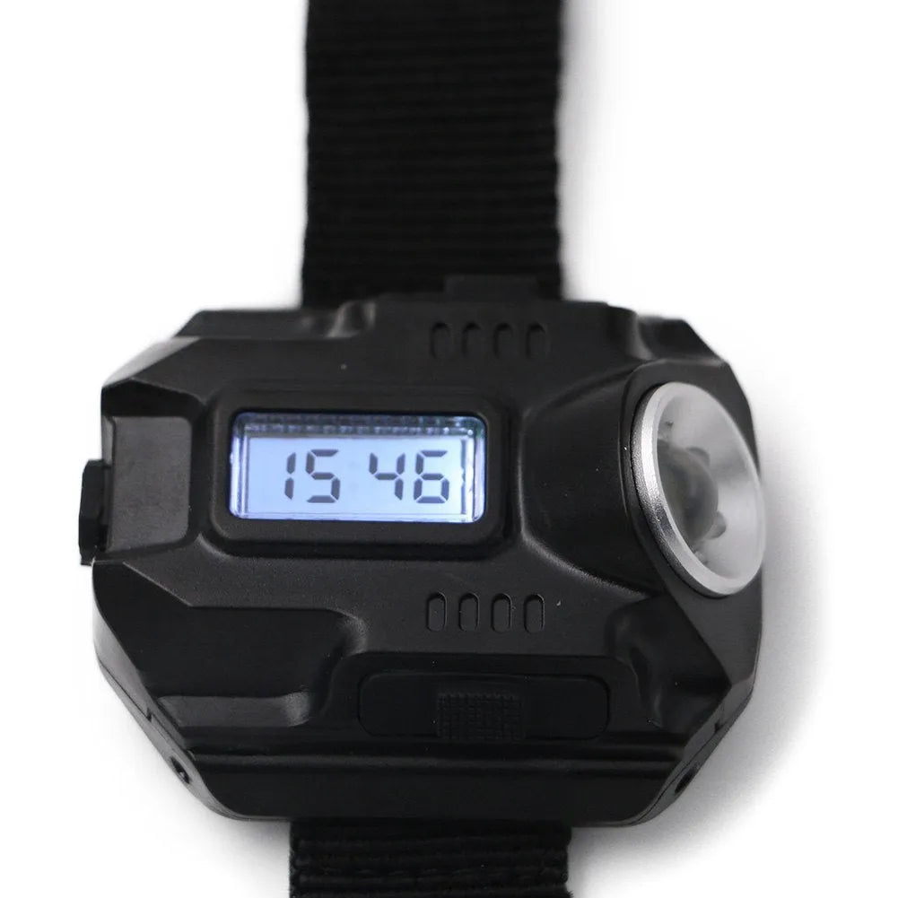 Black LED wrist watch flashlight with compass and time display, USB rechargeable, 4 mode, 100g, 22 x 2.4cm wristband