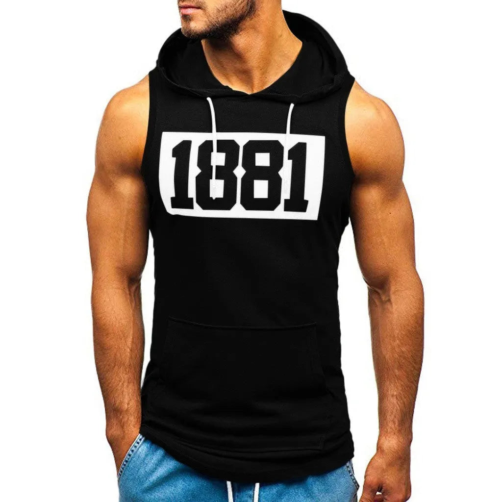 Men's sleeveless letter print hoodie vest in white, black or army green, with patch pocket and round hem.