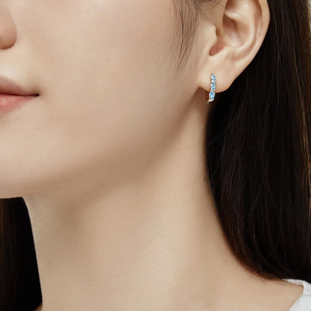 Women's 925 silver blue zircon symmetrical earrings, platinum blue diamond colour, 3 x 14 x 15mm, one pair