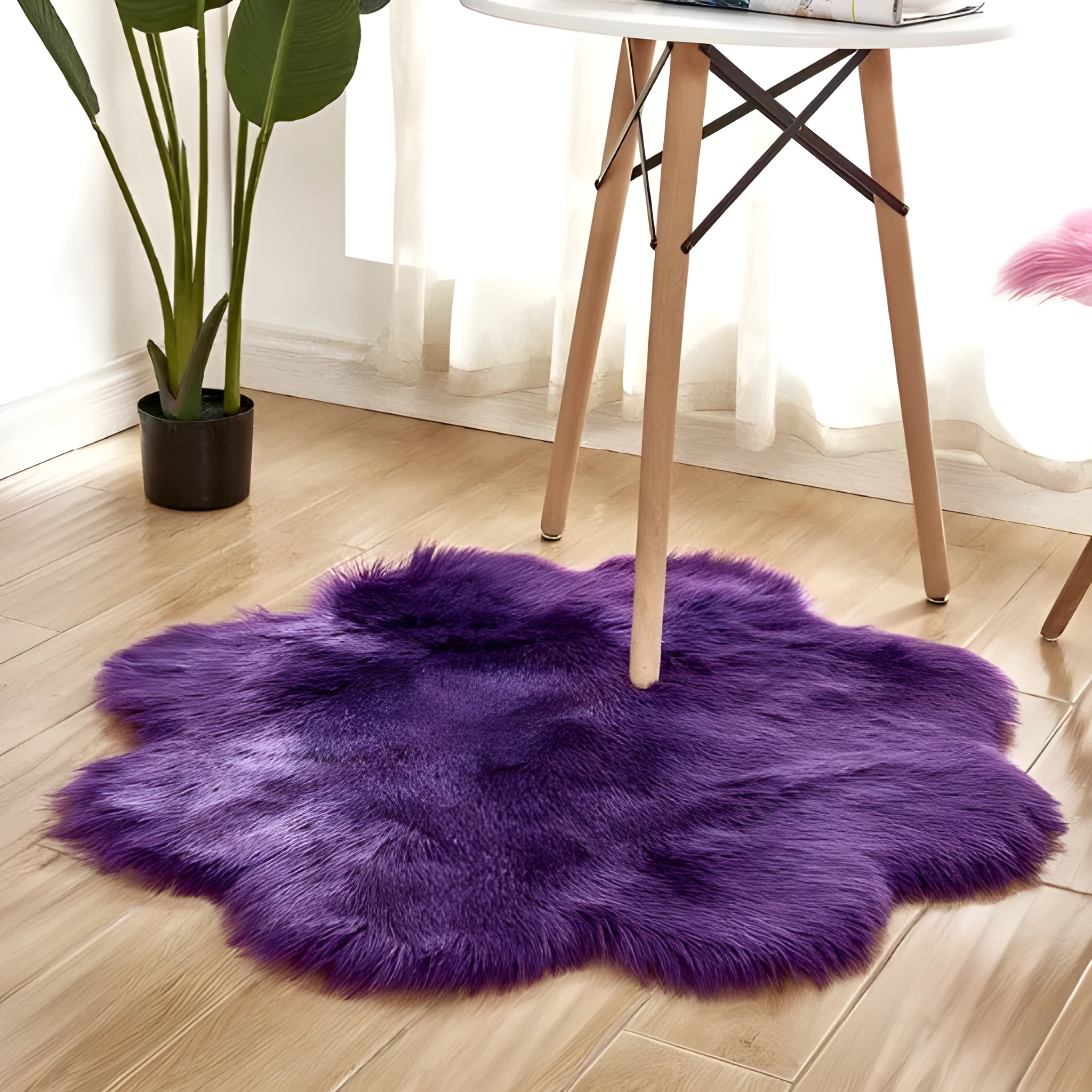 Artificial woolen floral sheepskin hairy plush carpet rug in beige colour, 60x60 cm size, on a tiled floor