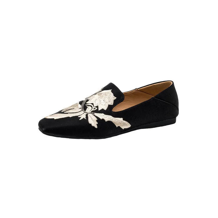 Women's embroidery low-cut flat pumps in retro style with cloth upper and round toe