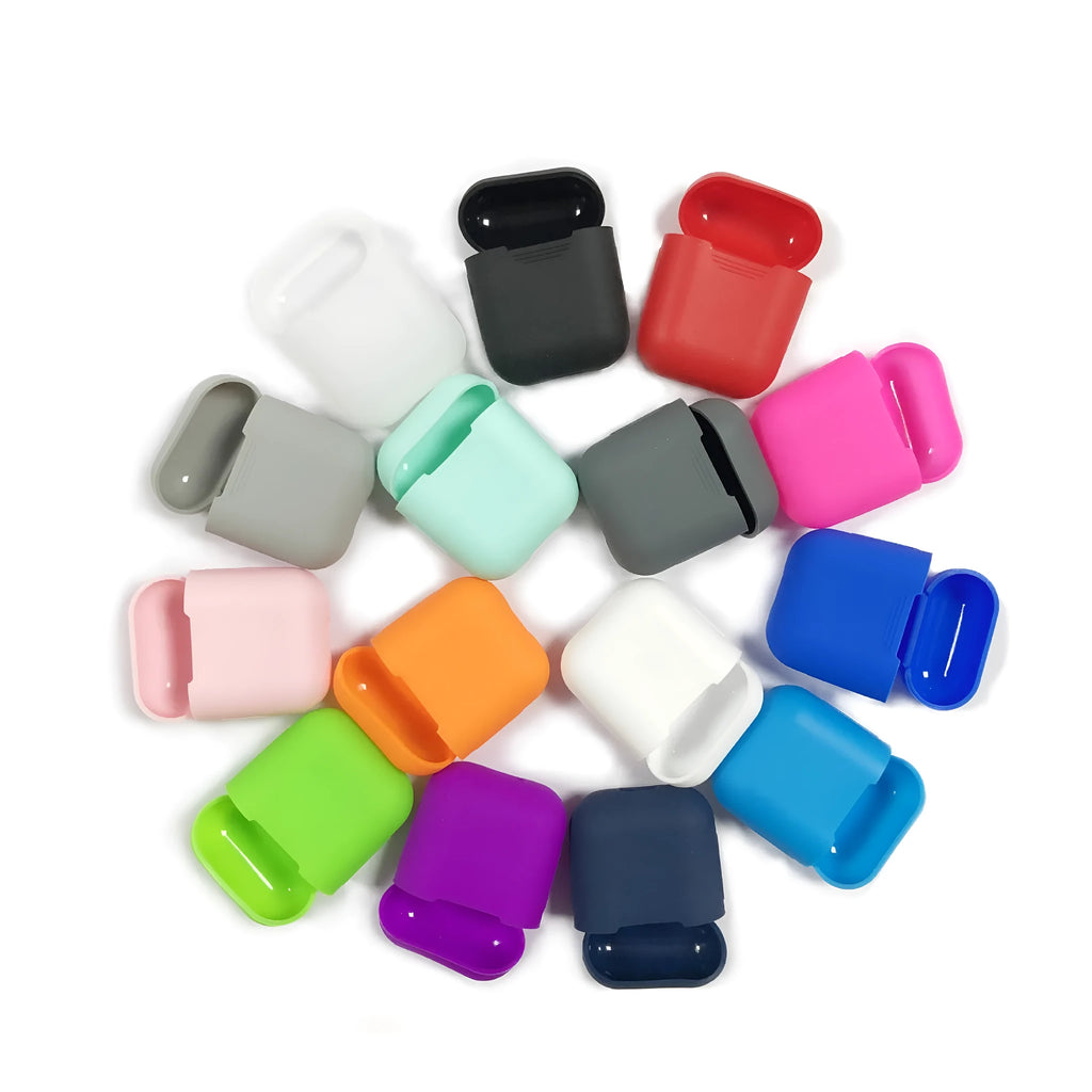 Silicone protective case for Bluetooth earbuds in multiple colours showing charging port access