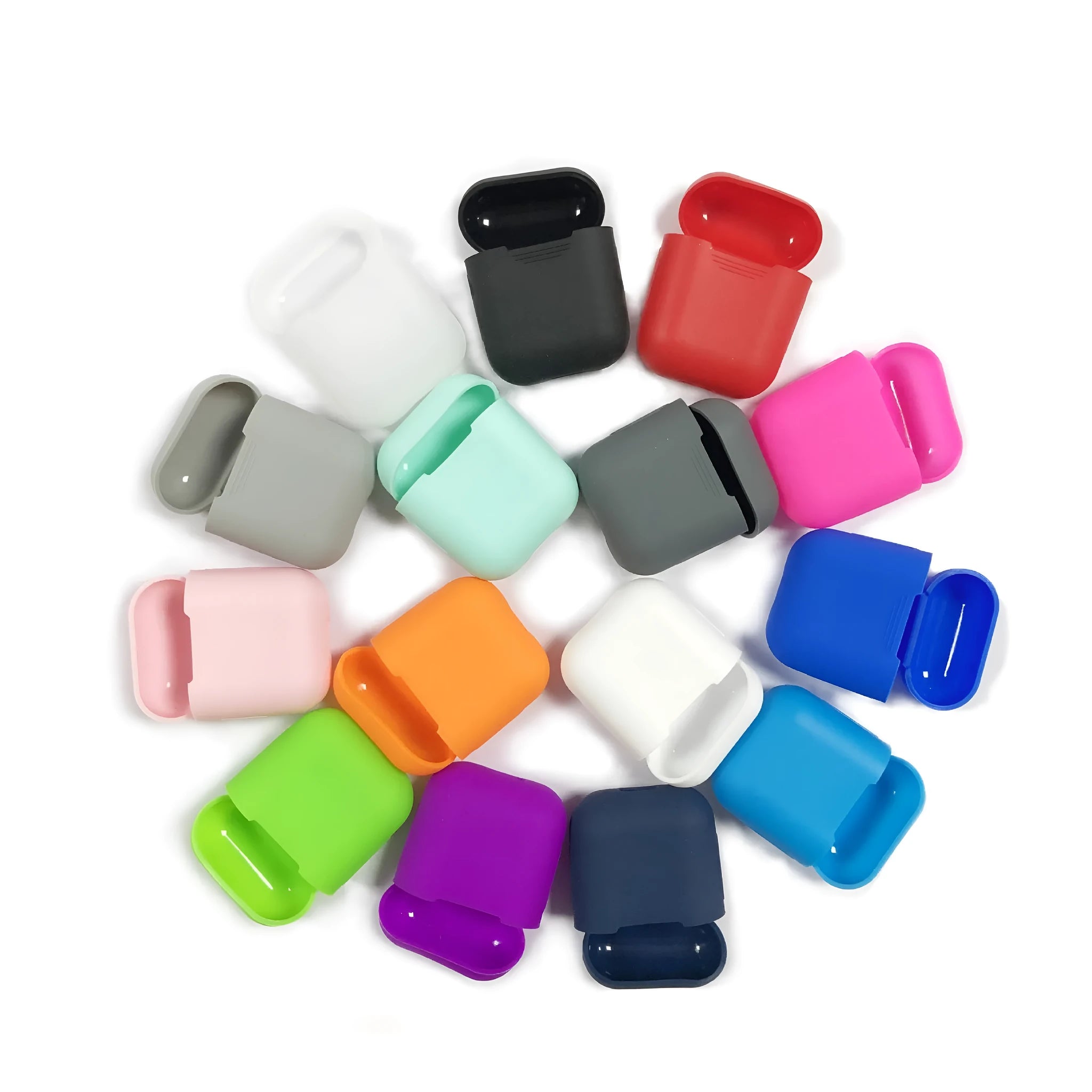 Silicone protective case for Bluetooth earbuds in multiple colours showing charging port access