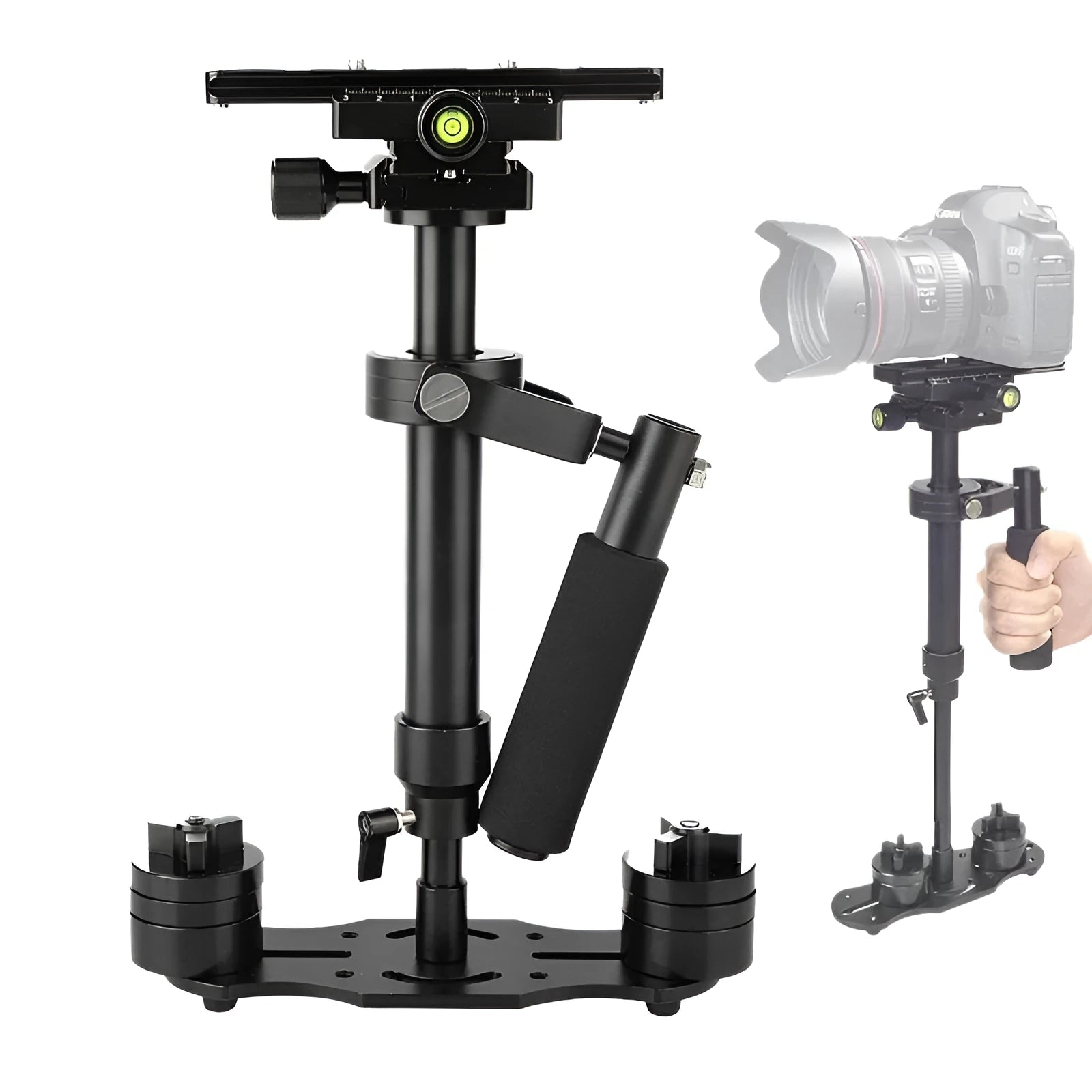 Black aluminium S40 S60 handheld camera stabiliser with adjustable height mechanism