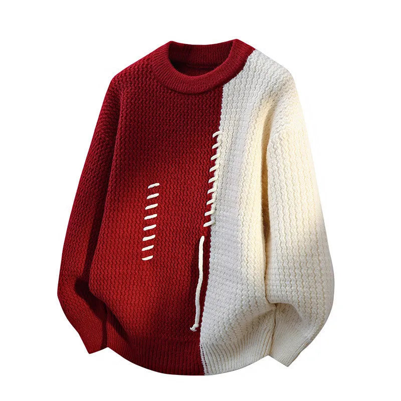 Men's loose round neck polyester sweater pullover in coffee, gray, black, or red, thickened thermal bottoming shirt, sizes M to 4XL.