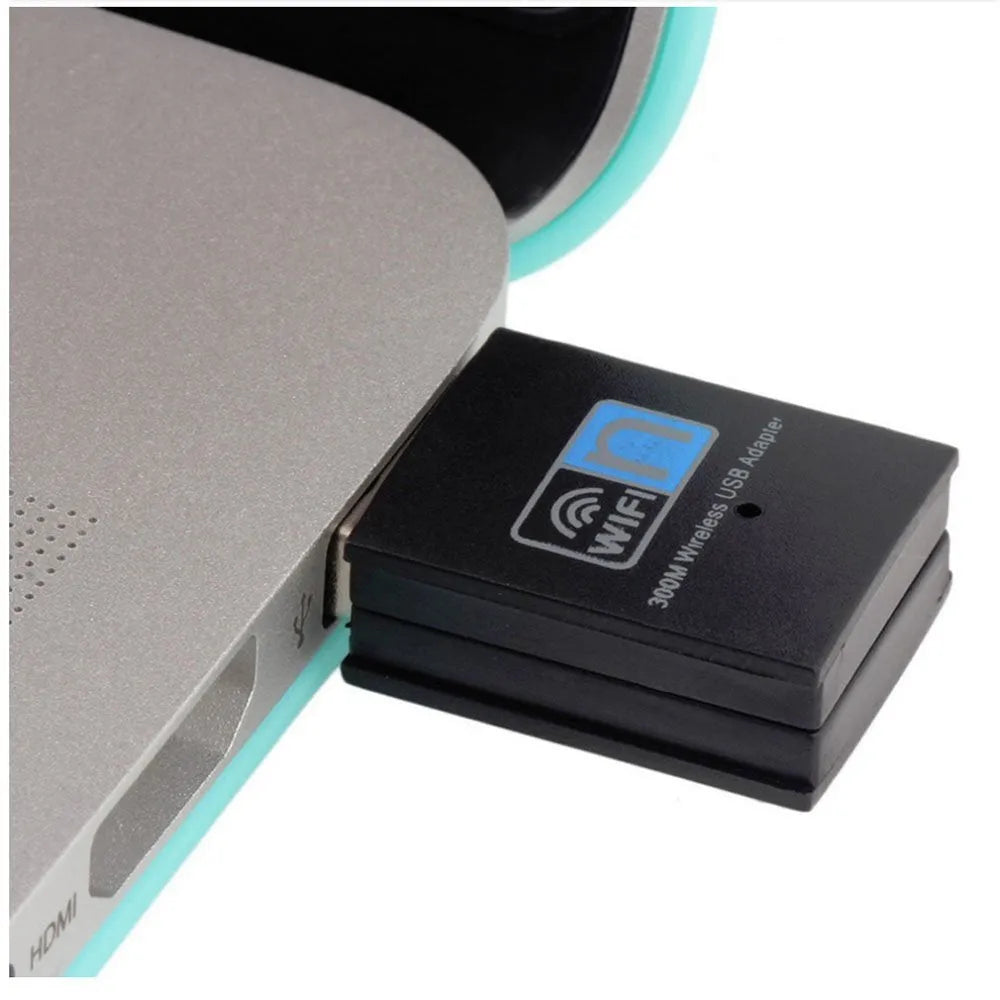 Black 300M mini USB WiFi adapter with RTL8192EU chip, measuring 3.3 x 1.5 x 0.7cm, for Windows, Linux and MAC OS