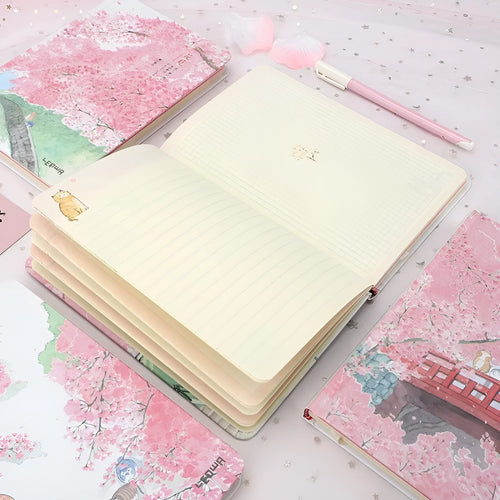 A5 thread-bound notebook with paper cover, 240 blank pages, 14cm by 21cm, pink colour option