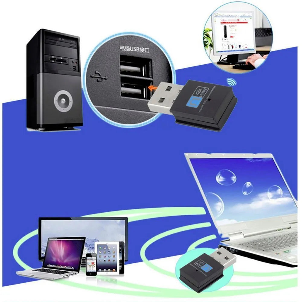 Black 300M mini USB WiFi adapter with RTL8192EU chip, measuring 3.3 x 1.5 x 0.7cm, for Windows, Linux and MAC OS
